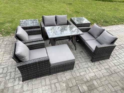 Fimous Rattan Garden Furniture Set Patio Outdoor Lounge Sofa Set with Rectangular Dining Table Double Seat Sofa 2 Side Tables Big Footstool Dark Grey Mixed