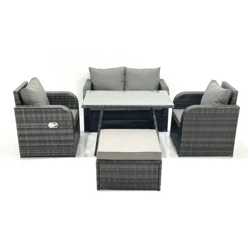 Fimous Outdoor Garden Furniture Set Rattan Sofa Dining Table Set with Reclining Chair Big Footstool Dark Grey Mixed