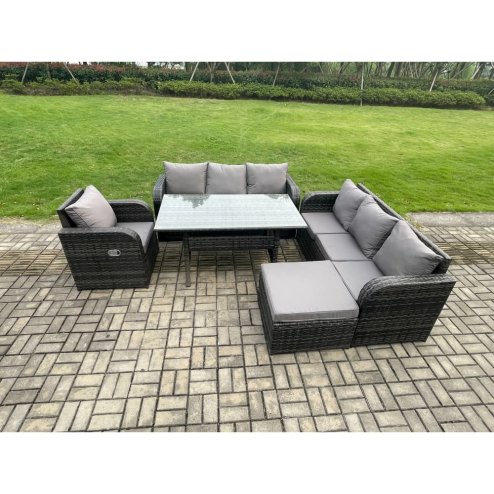 Fimous 8 Seater Rattan Garden Furniture Set Oblong Rectangular Dining Table and Chairs Set with 3 Seater Sofa Big Footstool Dark Grey Mixed
