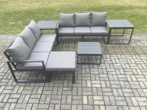 Fimous Aluminium 6 Pieces Garden Furniture Sofa Set with Cushions 7 Seater Outdoor Patio Set with Square Coffee Table Big Footstool 2 Side Tables Dark Grey
