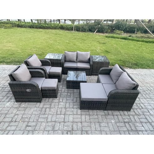 Fimous Garden Furniture Set Rattan Outdoor Lounge Sofa Chair With Tempered Glass Table 3 Footstools 2 Side Tables Dark Grey Mixed