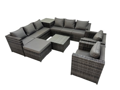 Fimous 9 Seater Garden Outdoor Rattan Furniture Set Patio Corner Sofa Coffee Table with 2 Chiar Side Table Big Stool Dark Grey