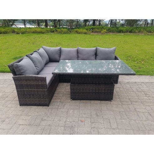 Fimous High Back Corner Rattan Garden Furniture Sofa Dining Rising Table Height Adjustable 6 Seater