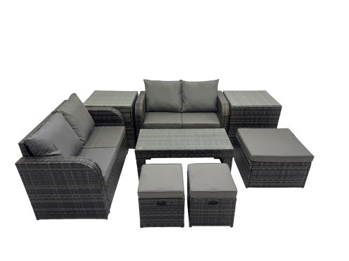 Fimous 3 Seater Sofa Reclining Chair Coffee Table Set Rattan Garden Outdoor Furniture Set with 2 Side Tables 3 Stools Dark Grey Mixed