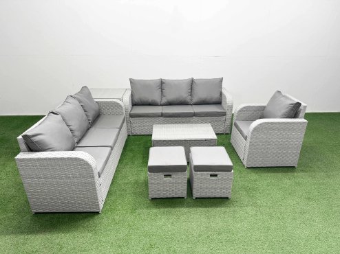 Fimous 9 Seater Poly Rattan Outdoor Garden Furniture Sofa Set Patio 3 Seater Sofa Reclining Chair 3 Seater Sofa Stools Side Table Light Grey