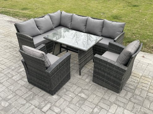 Fimous Wicker Rattan Garden Furniture Corner Sofa Set with Oblong Dining Table 2 Armchairs 8 Seater Outdoor Rattan Set Dark Grey Mixed