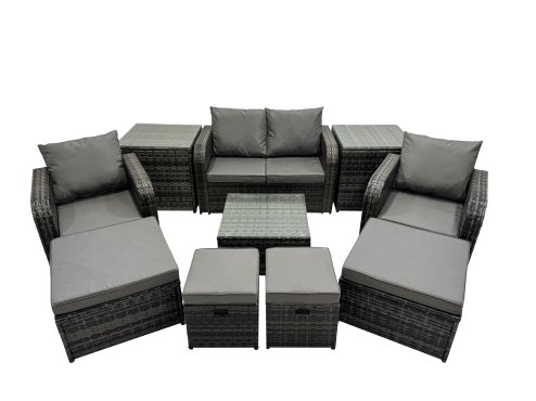 Fimous Rattan Garden Outdoor Furniture Set Love Sofa Square Coffee Table Set with 4 Stools 2 Side Table Dark Grey Mixed