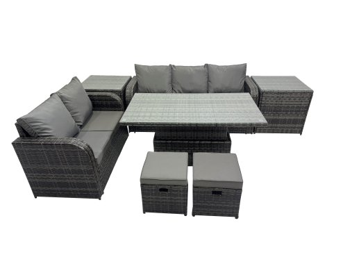 Fimous Rattan Garden Furniture Dining Set 7-seater Patio Height Adjustable Rising Lifting Table Sofa Set with 2 Small Footstools Dark Grey Mixed