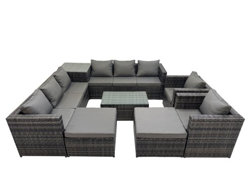 Fimous 10 Seater Garden Outdoor Rattan Furniture Set Patio Corner Sofa Rectangular Coffee Table with 2 Big Stools Side Table Dark Grey