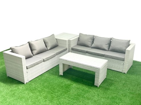 Fimous 6 Seater Garden Outdoor Rattan Furniture Set Rattan Garden Sofa Oblong Coffee Table with Side Table Light Grey Mixed