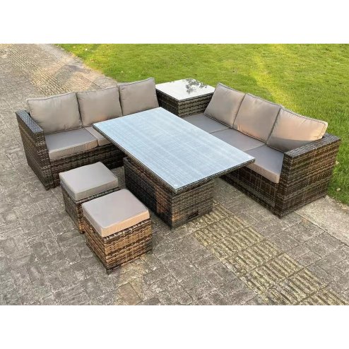 Fimous Dark Grey Mixed Wicker Rattan Corner Sofa Garden Furniture Rising Table Sets Footstool