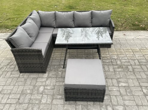 Fimous Rattan Garden Furniture Corner Sofa Set with Oblong Dining Table Big Footstool Outdoor Wicker Rattan Set Dark Grey Mixed