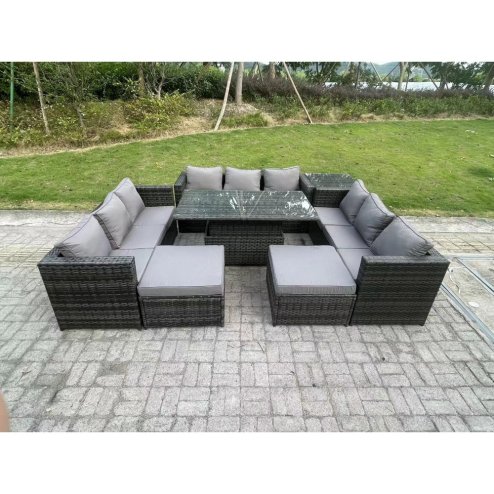 Fimous 11 Seater Outdoor Rattan Garden Furniture Sofa Set Patio Adjustable Rising Lifting Dining Table Set with Side Table 2 Big Footstools Dark Grey Mixed