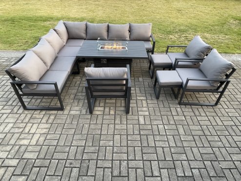 Fimous Aluminium 12 Seater Garden Furniture Outdoor Set Patio Lounge Sofa Gas Fire Pit Dining Table Set with 3 Chairs 2 Small Footstools Dark Grey