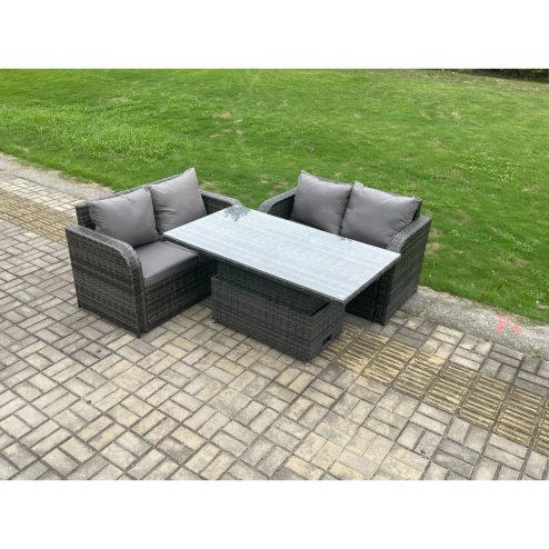 Fimous Outdoor Rattan Furniture Garden Dining Set Height Adjustable Rising lifting Table With Love Sofa Dark Grey Mixed