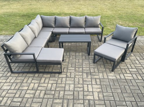 Fimous Aluminium Outdoor Garden Furniture Set Lounge Corner Sofa Chair Oblong Coffee Table Sets with 2 Big Footstools Dark Grey