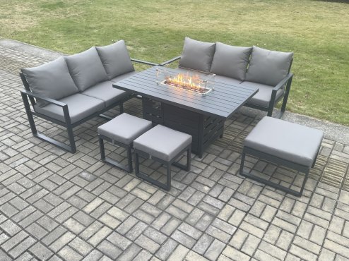 Fimous Aluminium Outdoor Lounge Sofa Garden Furniture Sets Gas Fire Pit Dining Table Set with 3 Footstools Dark Grey