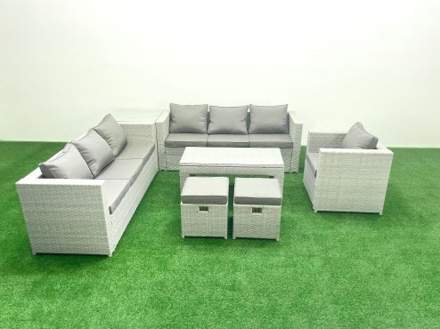 Fimous Wicker PE Rattan Sofa Garden Furniture Set with Oblong Coffee Table Armchair 2 Small Footstools Side Table Light Grey Mixed