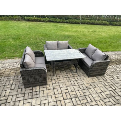Fimous Wicker PE Rattan Sofa Outdoor Garden Furniture Set with Rectangular Dining Table Dark Grey Mixed