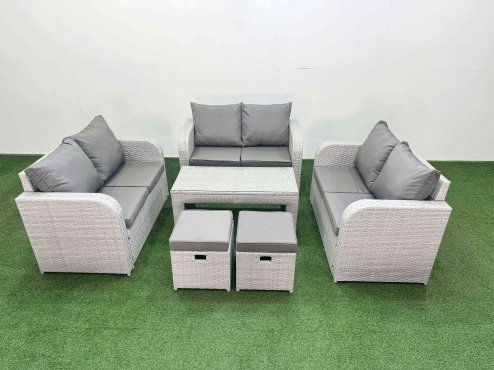 Fimous 8 Seater PE Wicker Rattan Furniture Sofa Sets with Oblong Coffee Table 2 Seater Love Sofa 2 Stool Light Grey