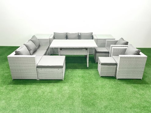 Fimous Rattan Garden Furniture Set Outdoor 8 Seater Patio Dinin g Sofa Sets with Dining Table 2 Chairs 2 Side Tables 3 Footstools Light Grey Mixed