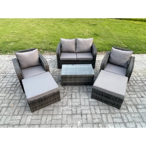 Fimous 6 Seater Garden Furniture Set Rattan Outdoor Lounge Sofa Chair With Tempered Glass Table 2 Big Footstool Dark Grey Mixed