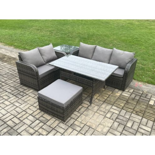 Fimous Outdoor Garden Patio Furniture Wicker Rattan Oblong Rectangular Dining Table and Lounge Sofa set with Side Table Big Footstool Dark Grey Mixed