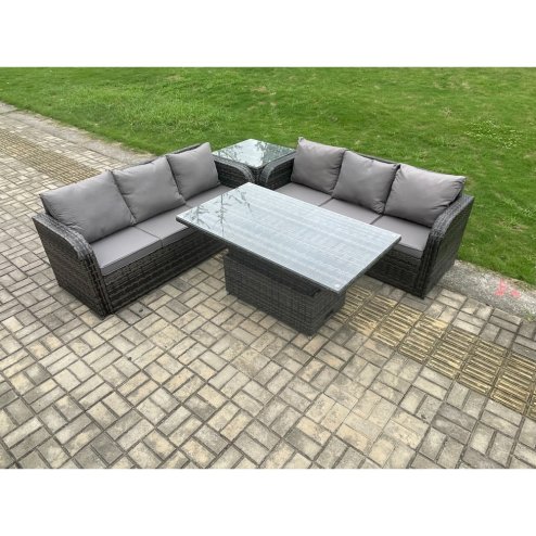 Fimous Outdoor Rattan Garden Furniture Lounge Sofa Set with Height Adjustable Rising lifting Dining Table Dark Grey Mixed