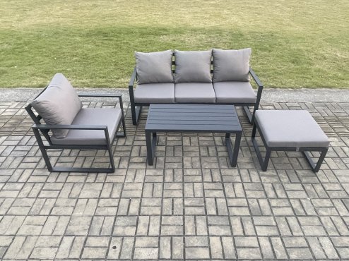 Fimous Aluminium Outdoor Garden Furniture Set Patio Lounge Sofa with Oblong Coffee Table Big Footstool Armchair Dark Grey