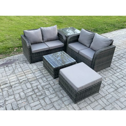 Fimous Rattan Sofa Set Outdoor Garden Furniture Set with Square Coffee Table Loveseat Sofa Big Footstool Side Table Dark Grey Mixed