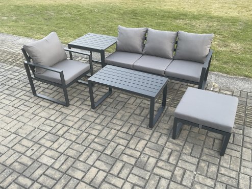 Fimous Aluminium 5 Pieces Garden Furniture Sofa Set with Cushions 5 Seater Outdoor Patio Set with Armchair Big Footstool Side Table Dark Grey