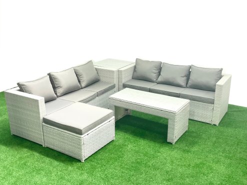 Fimous 7 Seater Garden Outdoor Rattan Furniture Set Rattan Garden Sofa Oblong Coffee Table with Big Footstool Side Table Light Grey Mixed