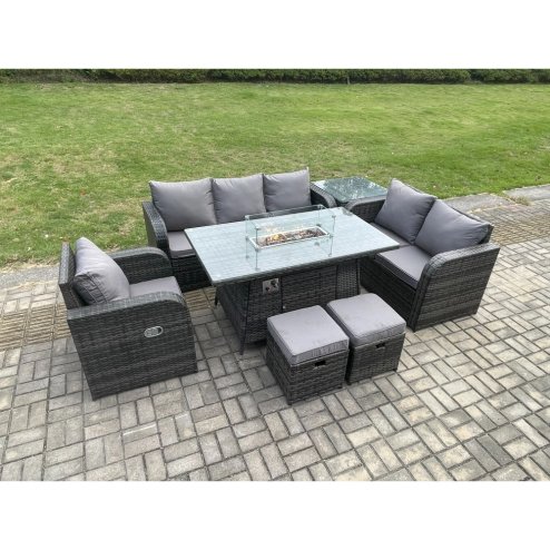 Fimous Garden Patio Furniture Wicker Rattan Gas Fire Pit Table and Sofa Chair set with Side Table 2 Small Footstools