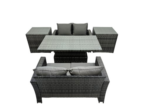 Fimous Outdoor Love Sofa Set 4 Seat Rattan Garden Furniture Set with Adjustable Lifting Dining or Coffee Table Dark Grey Mixed