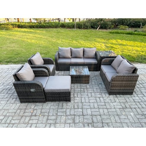 Fimous 8 Seater Garden Furniture Set Rattan Outdoor Lounge Sofa Chair With Tempered Glass Table Big Footstool Side Table Dark Grey Mixed