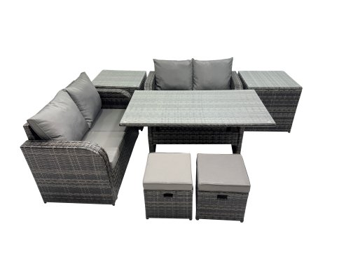 Fimous Wicker PE Rattan Garden Outdoor Furniture Set Love Sofa Dining Table Set with 2 Small Stools 2 Side Tables Dark Grey Mixed