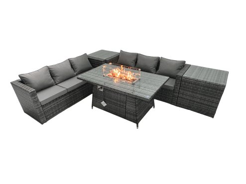 Fimous Rattan Garden Furniture Firepit Dining Set 6 Seater Lounge Sofa Table Set with 2 Side Tables