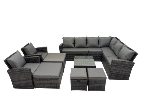 Fimous Rattan Garden Outdoor Furniture Set 12 Seater Garden Sofa Coffee Table Set with 2 Chairs 4 Footstools Dark Grey Mixed