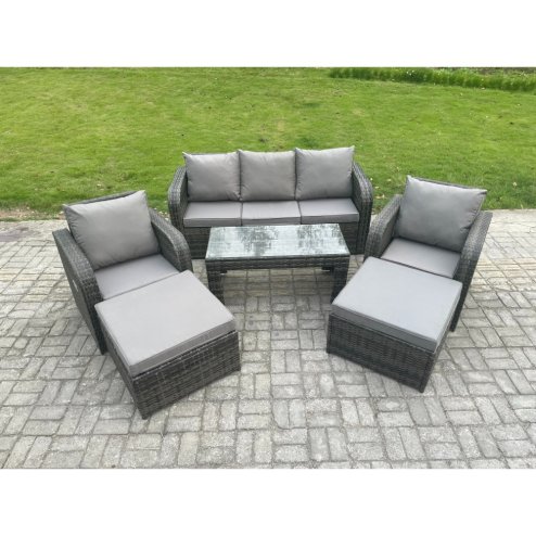 Fimous 7 Seater Rattan Wicker Garden Furniture Patio Conservatory Sofa Set with Rectangular Coffee Table Reclining Chair 2 Big Footstool