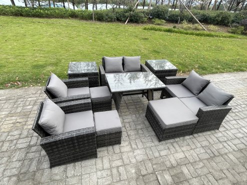Fimous Garden Furniture Sets 10 Pieces Wicker Rattan Furniture Manual Wicker Patio Sofa Patio Conversation Set with 3 Footstools 2 Side Tables Dark Grey Mixed