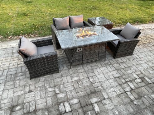Fimous 4 Seater?Outdoor Rattan Sofa Set Garden Furniture Gas Firepit Dining Table Heater with Side Table Dark Grey Mixed