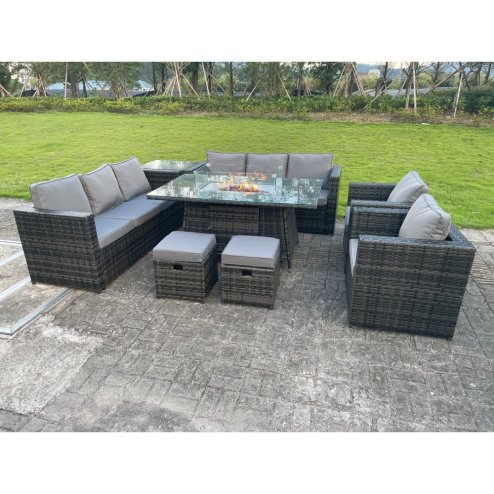 Fimous 10 Seater Outdoor Rattan Garden Furniture Gas Fire Pit Table Dining Set Gas Heater Lounge Chairs Small Footstools Dark Grey