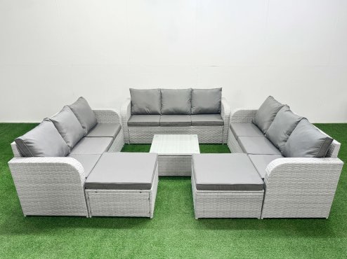 Fimous PE Rattan Lounge Sofa Set 11 Seater Outdoor Garden Furniture Set with Square Coffee Table 3 Seater Sofa 2 Big Footstools Light Grey