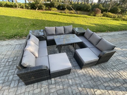 Fimous Rattan Garden Furniture Set 11 Seater Patio Outdoor Lounge Sofa Set with 2 Side Tables Rectangular Dining Table 2 Big Footstool Dark Grey Mixed