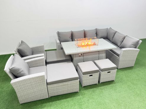 Fimous Outdoor Furniture Garden Dining Set Rattan Corner Sofa Chair Set Gas Fire Pit Table with Temper Glass Footstools Light Grey Mixed