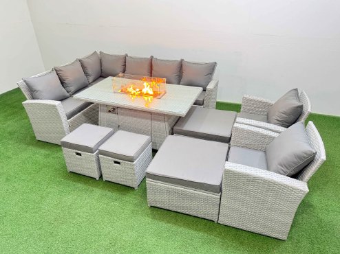 Fimous Outdoor Furniture Garden Dining Set Rattan Corner Sofa Chair Sets Gas Fire Pit Table with Temper Glass Footstools Light Grey Mixed