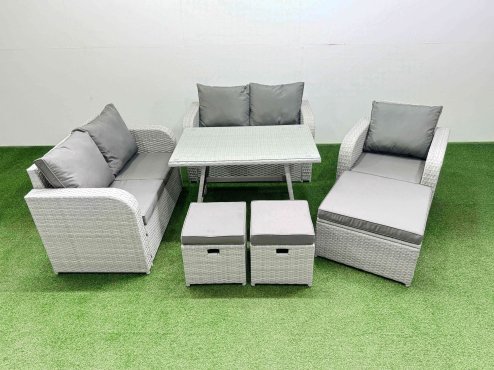Fimous 8 Seater Outdoor Rattan Garden Furniture Set Love Sofa Reclining Chair Set with Rectangular Dining Table 3 Footstools Light Grey