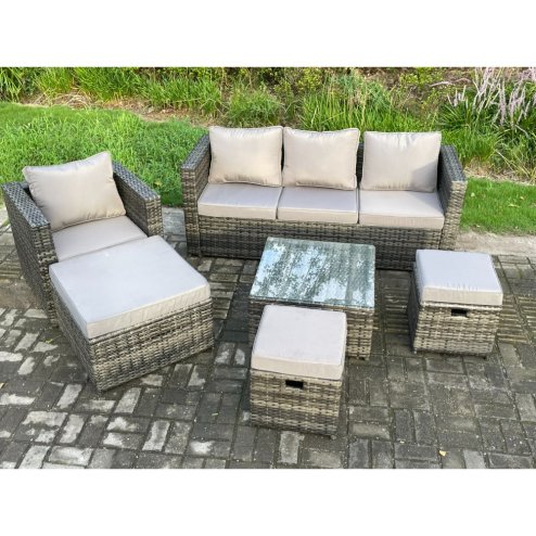 Fimous 6 PCS Outdoor Lounge Sofa Set Wicker PE Rattan Garden Furniture Set with Armchair Square Coffee Table 3 Small Footstools Dark Grey Mixed