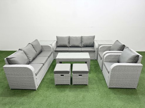 Fimous PE Rattan High Back Lounge Sofa Set Patio Oblong Coffee Table & Chairs Set with 3 Seater Sofa Reclining Chair Stools 2 Side Table Light Grey