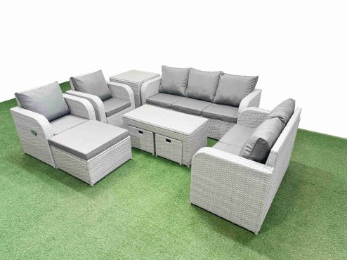 Fimous PE Rattan Garden Furniture Set Adjustable Chair Sofa Double Love Seat 2 Seater Sofa Lounge Set Rectangular Coffee Table 3 Stools Side Table Light Grey